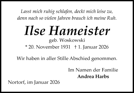 Traueranzeige von Ilse Hameister von Schleswig-Holsteinische Landeszeitung