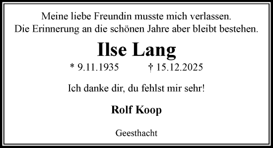 Traueranzeige von Ilse Lang von Wochenend Anzeiger