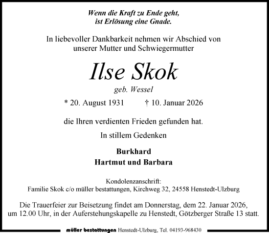 Traueranzeige von Ilse Skok von Umschau