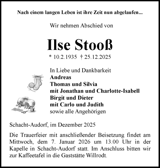 Traueranzeige von Ilse Stooß von Schleswig-Holsteinische Landeszeitung