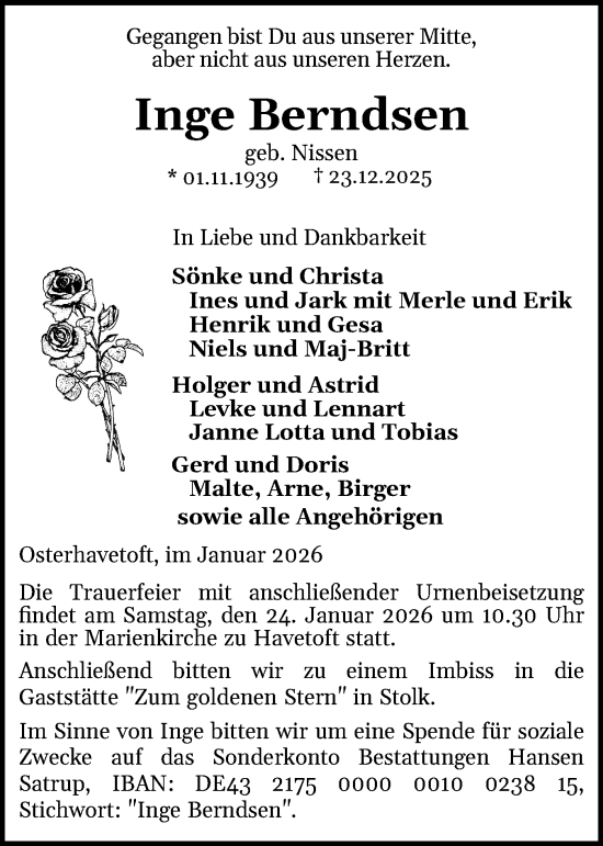 Traueranzeige von Inge Berndsen von Region Flensburg