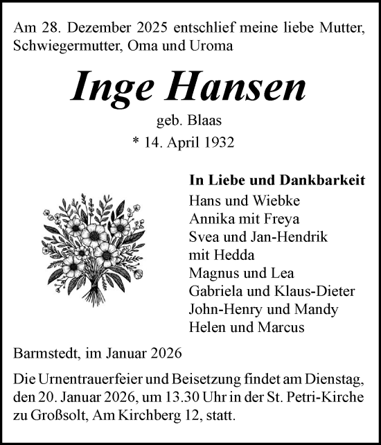 Traueranzeige von Inge Hansen von Region Flensburg