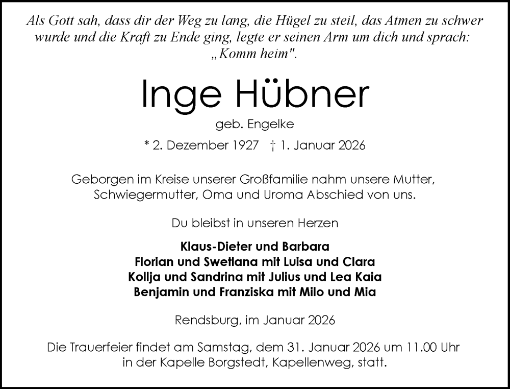  Traueranzeige für Inge Hübner vom 24.01.2026 aus Schleswig-Holsteinische Landeszeitung