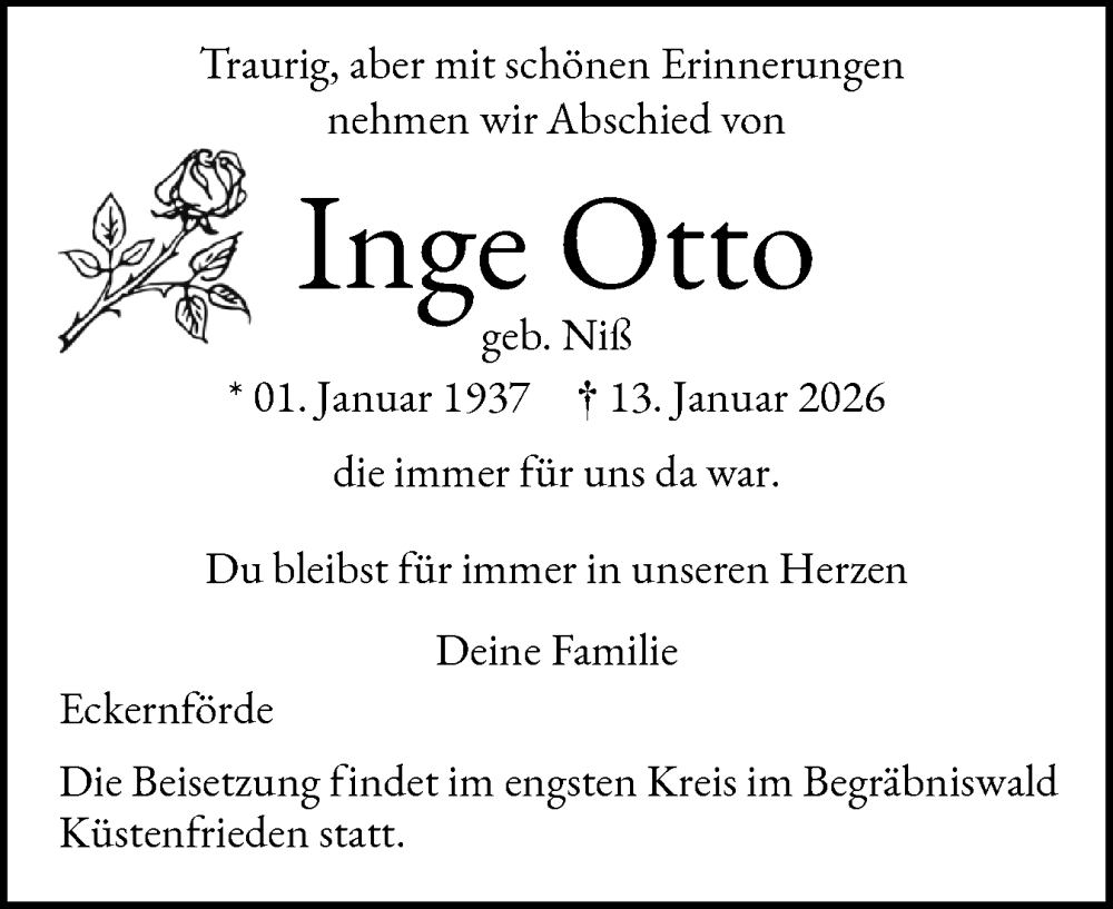 Traueranzeige für Inge Otto vom 24.01.2026 aus Eckernförder Zeitung, Hallo Eckernförde