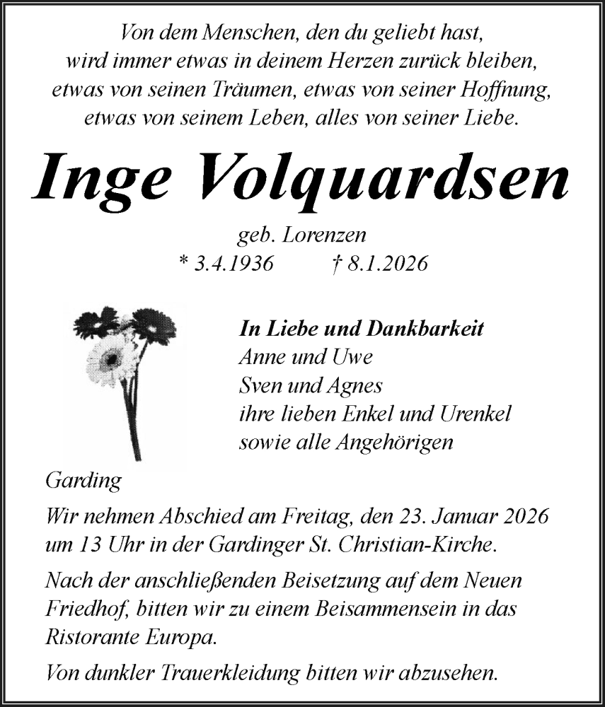  Traueranzeige für Inge Volquardsen vom 16.01.2026 aus Husumer Nachrichten, Nordfriesland Tageblatt