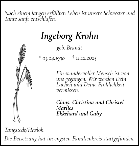 Traueranzeige von Ingeborg Krohn von Region Pinneberg und tip Pinneberg