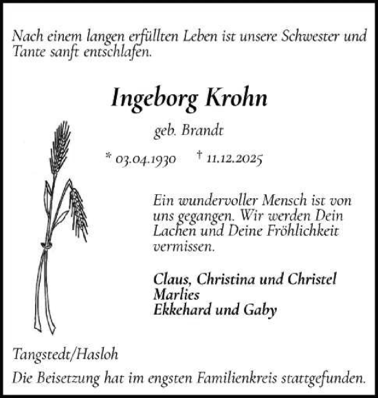 Traueranzeige von Ingeborg Krohn von tip Gesamtausgabe
