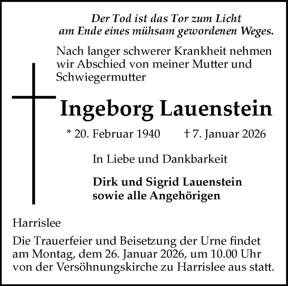 Traueranzeige für Ingeborg Lauenstein vom 17.01.2026 aus Flensburger Tageblatt