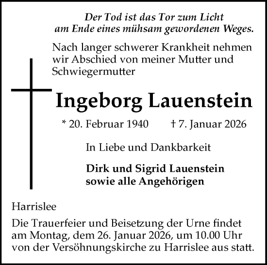 Traueranzeige von Ingeborg Lauenstein von Flensburger Tageblatt