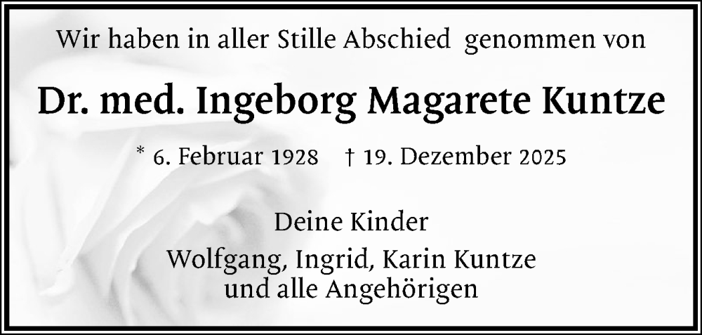  Traueranzeige für Ingeborg Magarete Kuntze vom 03.01.2026 aus Flensburger Tageblatt