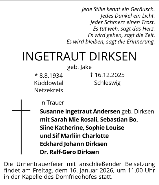 Traueranzeige von Ingetraut Dirksen von Schleswiger Nachrichten, Schlei-Bote