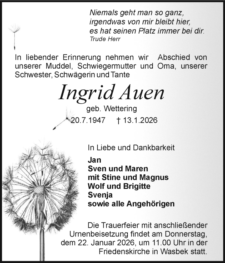  Traueranzeige für Ingrid Auen vom 17.01.2026 aus Holsteinischer Courier