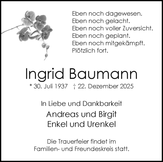 Traueranzeige von Ingrid Baumann von Region Pinneberg und tip Pinneberg