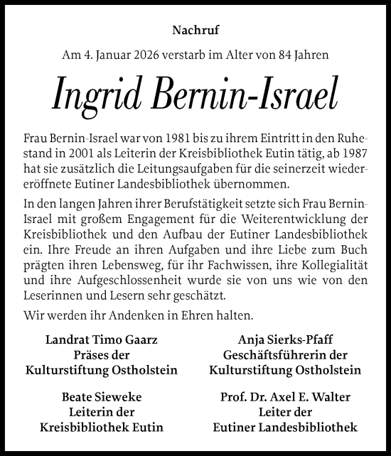 Traueranzeige von Ingrid Bernin-Israel von Ostholsteiner Anzeiger