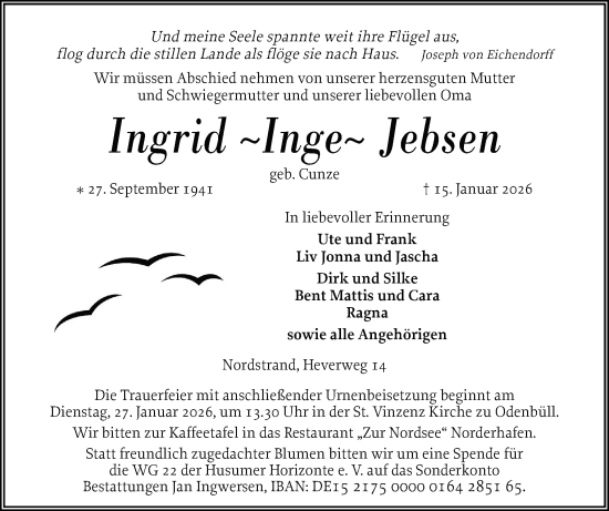 Traueranzeige von Ingrid Jebsen von Husumer Nachrichten, Nordfriesland Tageblatt