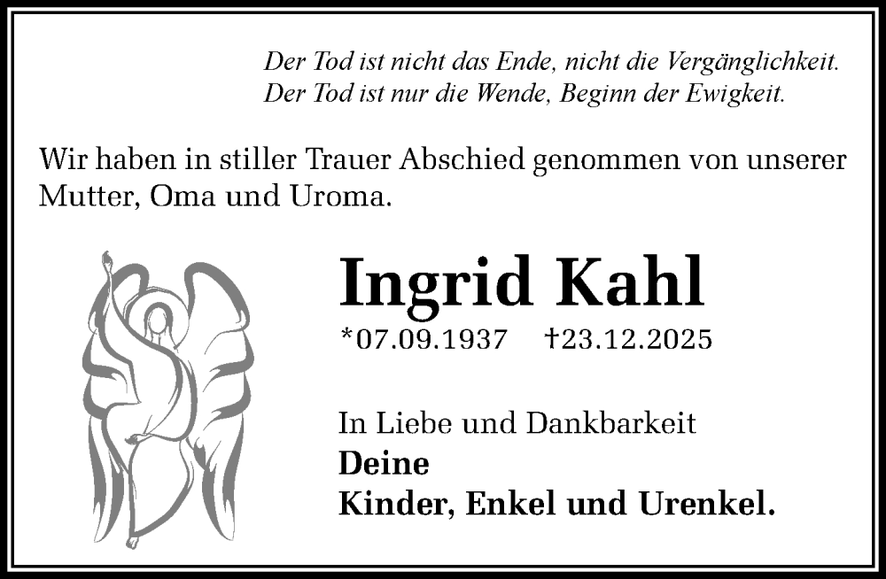  Traueranzeige für Ingrid Kahl vom 24.01.2026 aus MARKT Ahrensburg/Bargteheide/Trittau und Stormarner Tageblatt