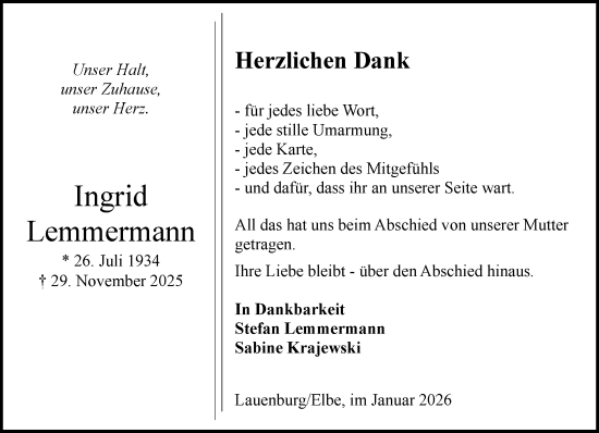 Traueranzeige von Ingrid Lemmermann von Wochenend Anzeiger