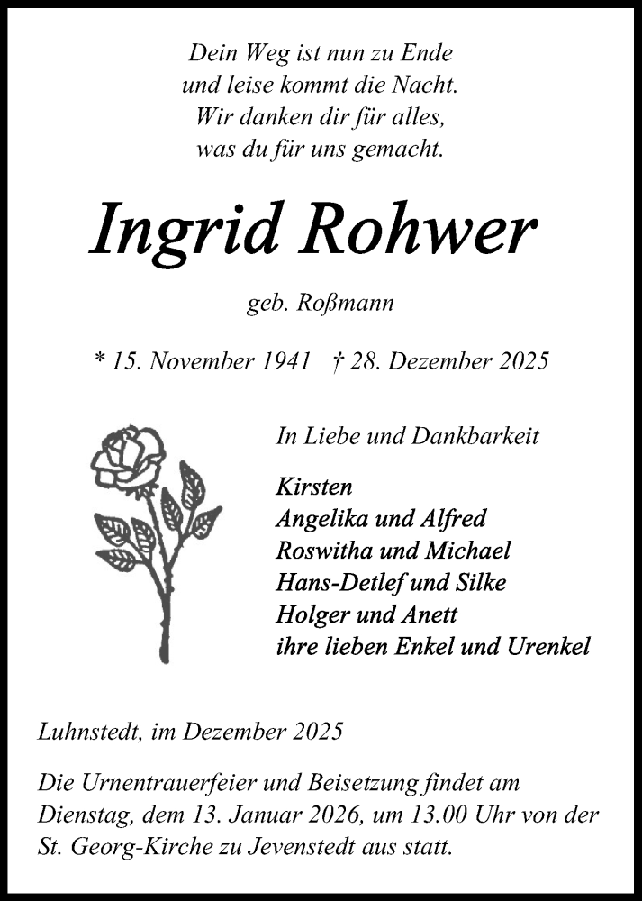  Traueranzeige für Ingrid Rohwer vom 03.01.2026 aus Schleswig-Holsteinische Landeszeitung