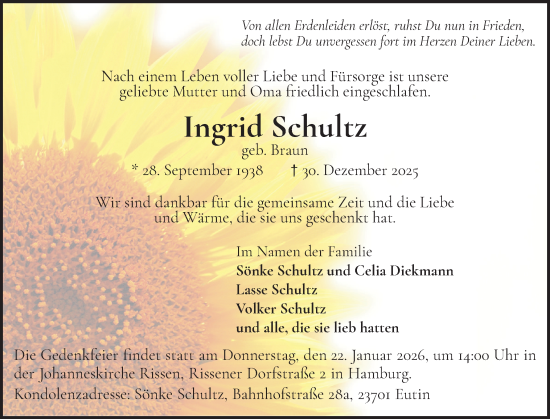 Traueranzeige von Ingrid Schultz von Wedel-Schulauer Tageblatt, tip Wedel-Schulauer Tageblatt, tip Rissener Rundschau