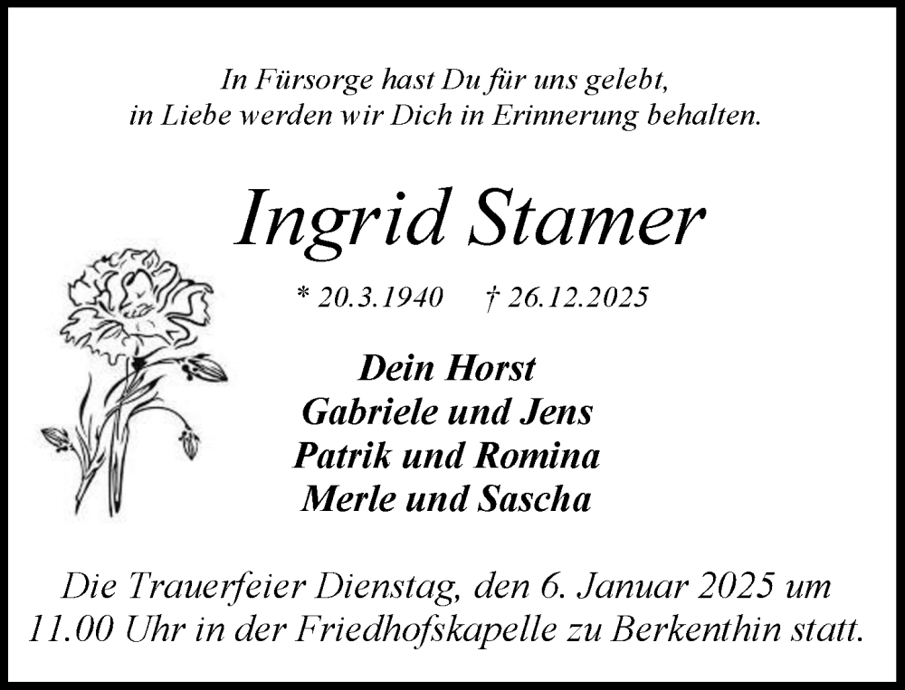  Traueranzeige für Ingrid Stamer vom 03.01.2026 aus MARKT Ratzeburg/Mölln