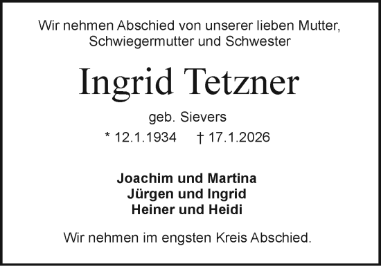 Traueranzeige von Ingrid Tetzner von Holsteinischer Courier