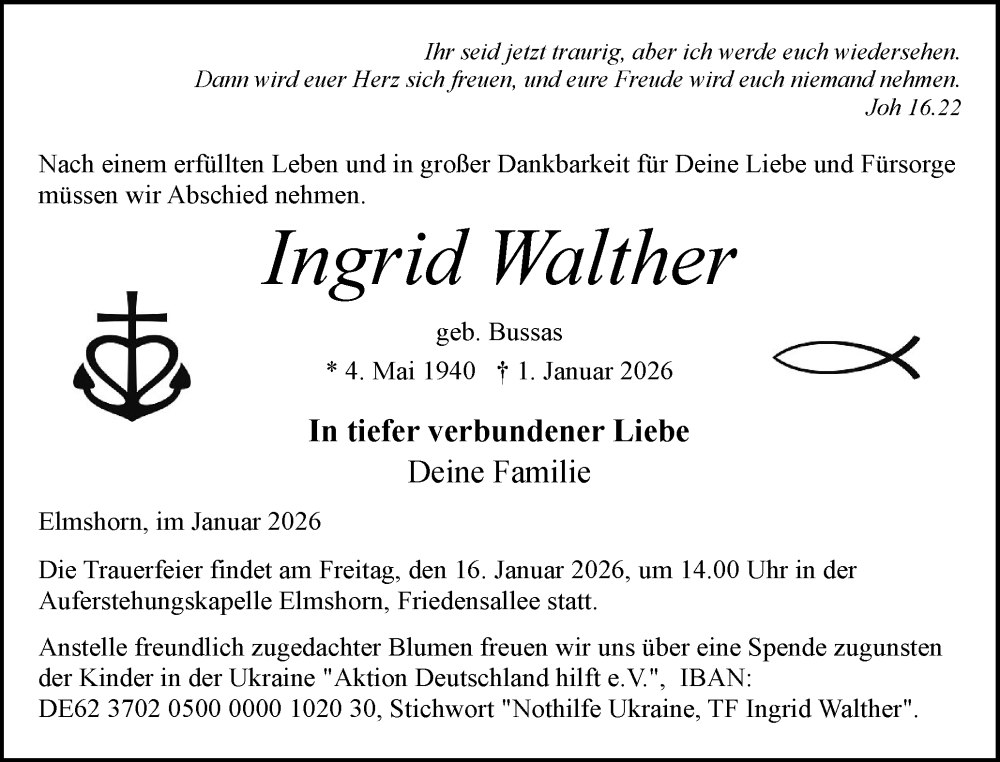  Traueranzeige für Ingrid Walther vom 10.01.2026 aus Elmshorner Nachrichten, Barmstedter Zeitung