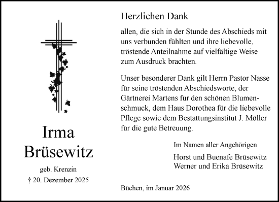 Traueranzeige von Irma Brüsewitz von Wochenend Anzeiger