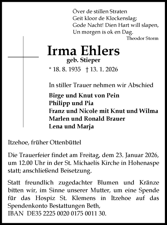Traueranzeige von Irma Ehlers von Norddeutsche Rundschau, Wilstersche Zeitung, Glückstädter Fortuna