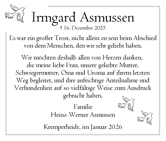 Traueranzeige von Irmgard Asmussen von Norddeutsche Rundschau, Wilstersche Zeitung, Glückstädter Fortuna