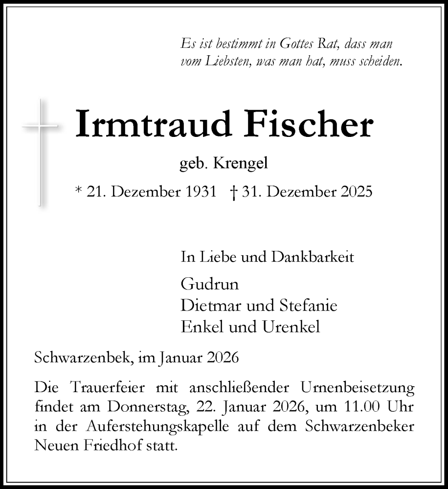  Traueranzeige für Irmtraud Fischer vom 10.01.2026 aus Wochenend Anzeiger