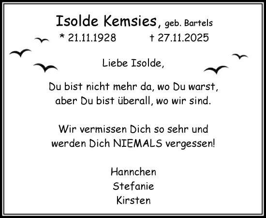 Traueranzeige von Isolde Kemsies von MARKT Bad Oldesloe/Reinfeld und Stormarner Tageblatt