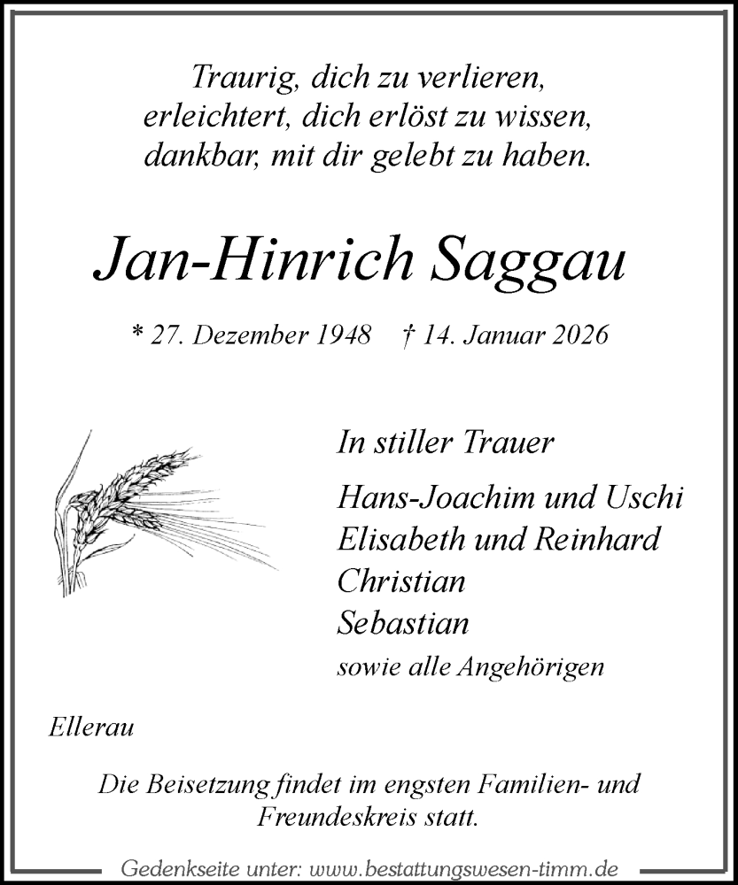  Traueranzeige für Jan-Hinrich Saggau vom 31.01.2026 aus Umschau