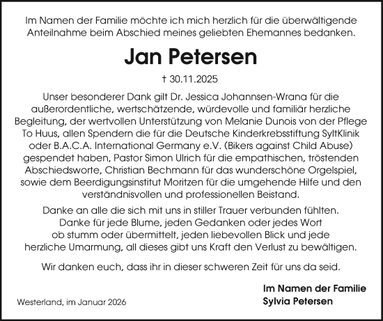 Traueranzeige von Jan Petersen von Sylter Rundschau