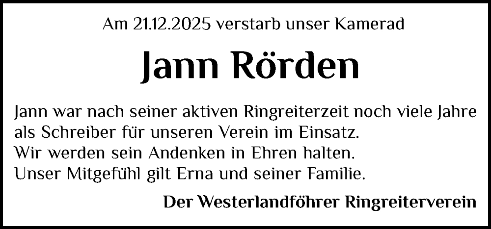  Traueranzeige für Jann Rörden vom 06.01.2026 aus Der Insel-Bote