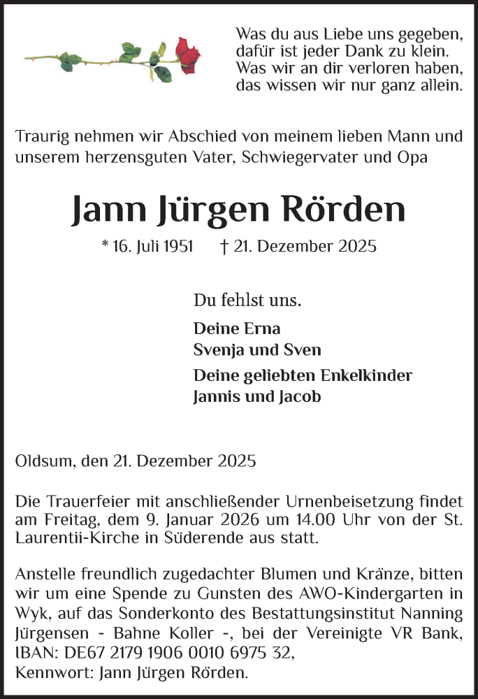  Traueranzeige für Jann Jürgen Rörden vom 03.01.2026 aus Der Insel-Bote