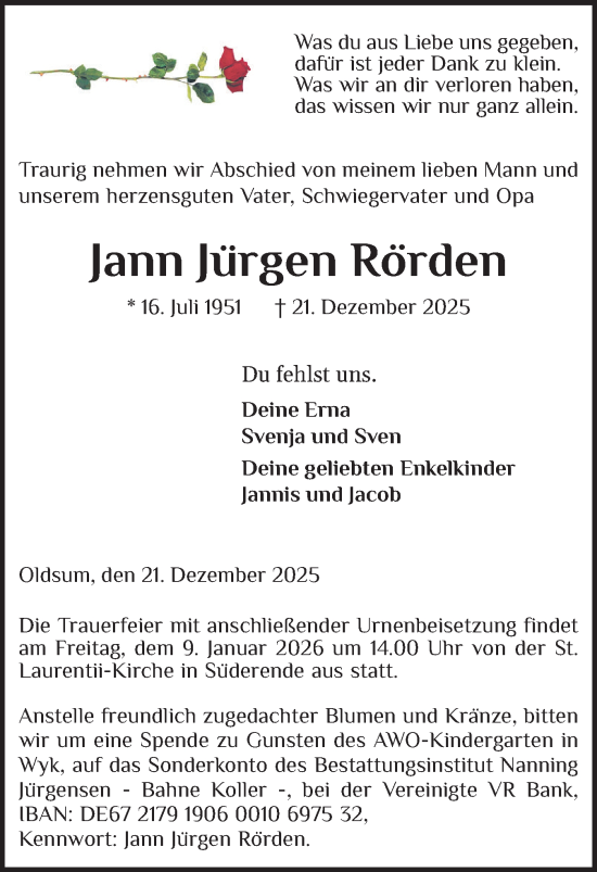 Traueranzeige von Jann Jürgen Rörden von Der Insel-Bote