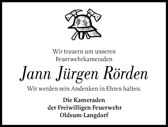 Traueranzeige von Jann Jürgen Rörden von Der Insel-Bote