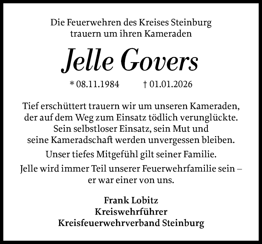  Traueranzeige für Jelle Govers vom 16.01.2026 aus Norddeutsche Rundschau, Wilstersche Zeitung, Glückstädter Fortuna