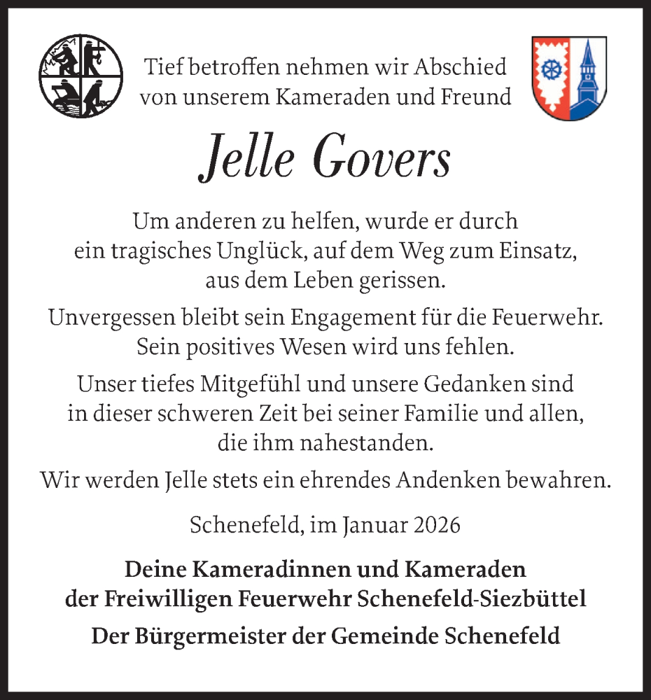  Traueranzeige für Jelle Govers vom 10.01.2026 aus Norddeutsche Rundschau, Wilstersche Zeitung, Glückstädter Fortuna