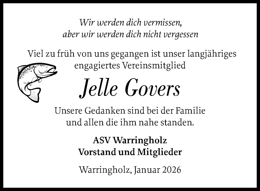  Traueranzeige für Jelle Govers vom 10.01.2026 aus Norddeutsche Rundschau, Wilstersche Zeitung, Glückstädter Fortuna