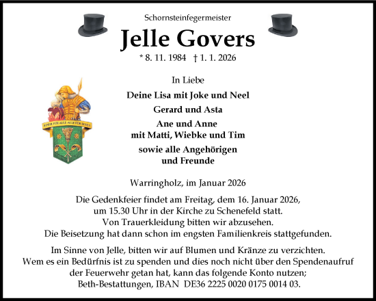 Traueranzeige von Jelle Govers von Norddeutsche Rundschau, Wilstersche Zeitung, Glückstädter Fortuna