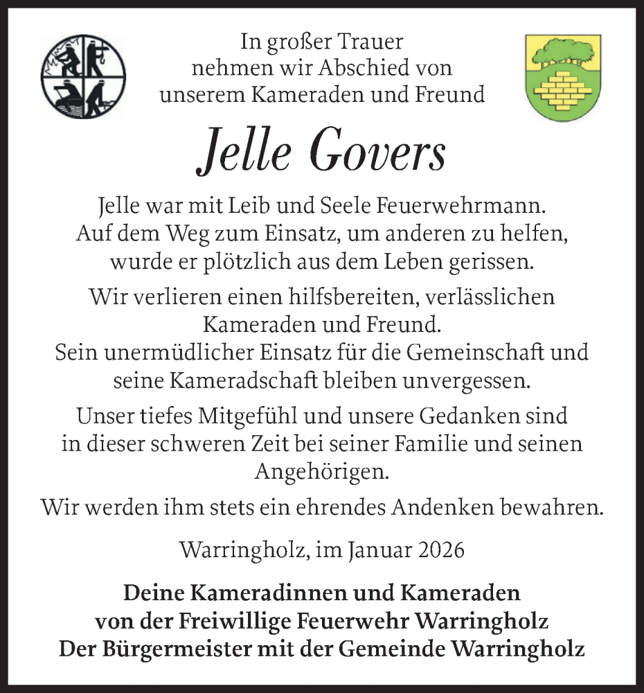  Traueranzeige für Jelle Govers vom 10.01.2026 aus Norddeutsche Rundschau, Wilstersche Zeitung, Glückstädter Fortuna