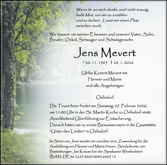 Traueranzeige von Jens Mevert von Norddeutsche Rundschau, Wilstersche Zeitung, Glückstädter Fortuna