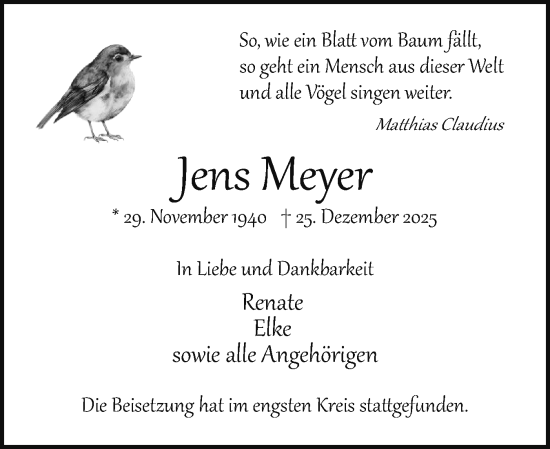 Traueranzeige von Jens Meyer von Region Pinneberg und tip Pinneberg