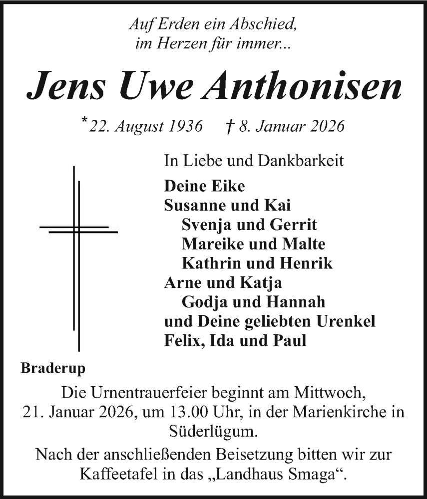  Traueranzeige für Jens Uwe Anthonisen vom 17.01.2026 aus Husumer Nachrichten, Nordfriesland Tageblatt