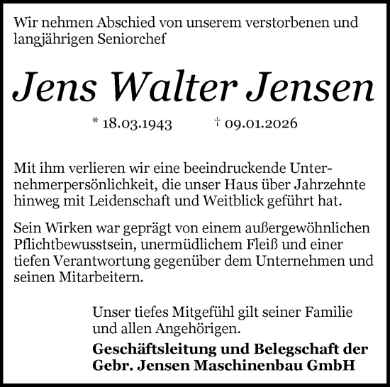 Traueranzeige von Jens Walter Jensen von Flensburger Tageblatt, Schleswiger Nachrichten, Schlei-Bote