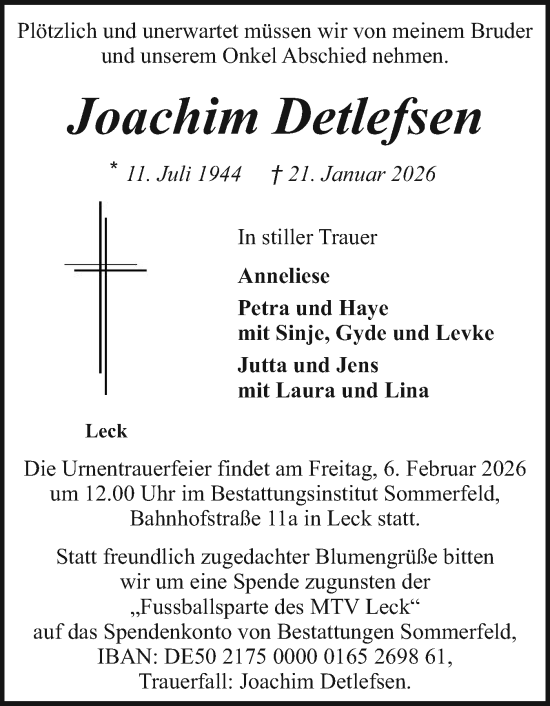 Traueranzeige von Joachim Detlefsen von Husumer Nachrichten, Nordfriesland Tageblatt