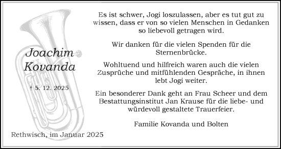 Traueranzeige von Joachim Kovanda von Norddeutsche Rundschau, Wilstersche Zeitung, Glückstädter Fortuna