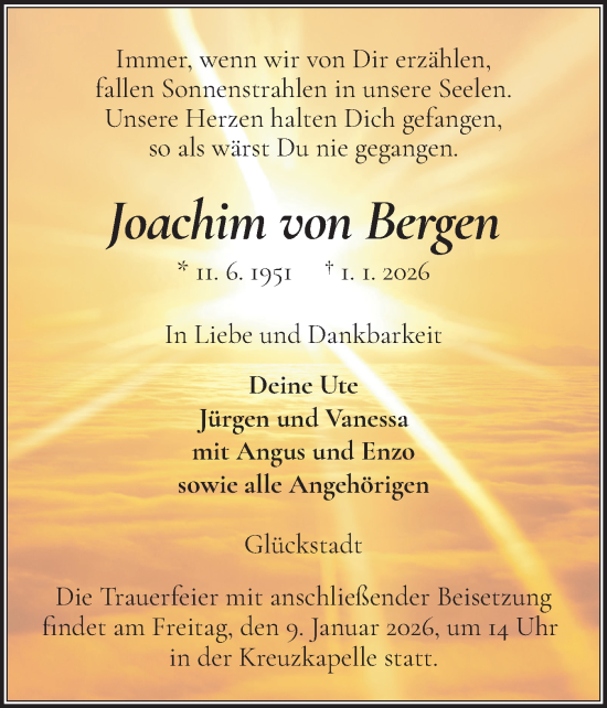 Traueranzeige von Joachim von Bergen von Norddeutsche Rundschau, Wilstersche Zeitung, Glückstädter Fortuna