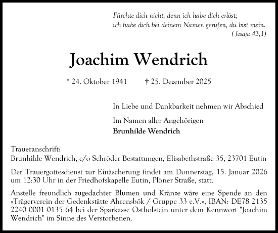 Traueranzeige von Joachim Wendrich von Ostholsteiner Anzeiger